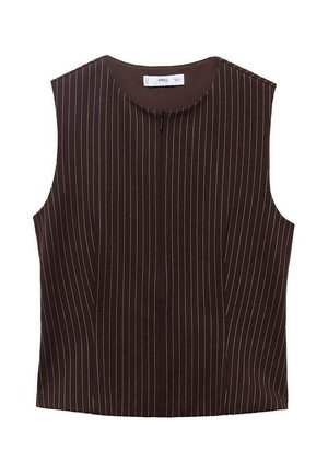 Bruine mouwloze top met verticale witte streepdesign, ronde halslijn en een ritssluiting in het midden op de rug. Gladde stoftextuur.