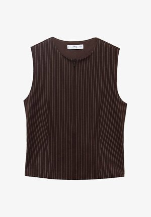 Haut sans manches marron avec un motif de rayures verticales blanches, col rond et un détail de fermeture éclair au centre à l'arrière. Texture de tissu lisse.