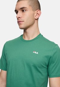T-shirt di cotone verde con scollatura a girocollo classica e maniche corte. Presenta un piccolo logo FILA bianco e rosso sul petto a sinistra.