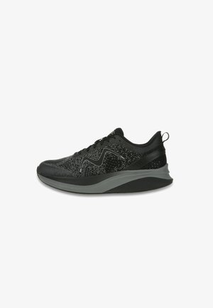 Black athletic shoes with a knit upper, sleek design, lightweight construction, and a textured sole for grip and stability.