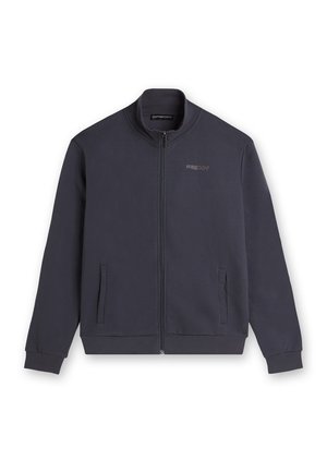 Chaqueta gris oscuro con cremallera, cuello alto, dos bolsillos delanteros y un pequeño logo "FREDDY" en el pecho izquierdo.