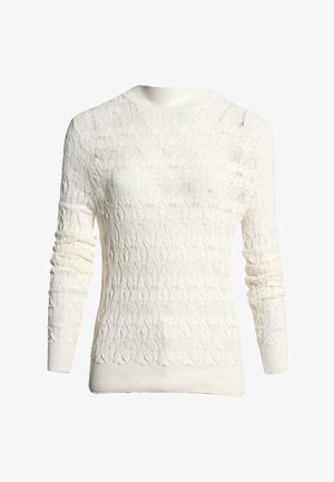Pull blanc en maille à manches longues avec motif losange et feuilles, bords-côtes aux poignets et à l'ourlet.
