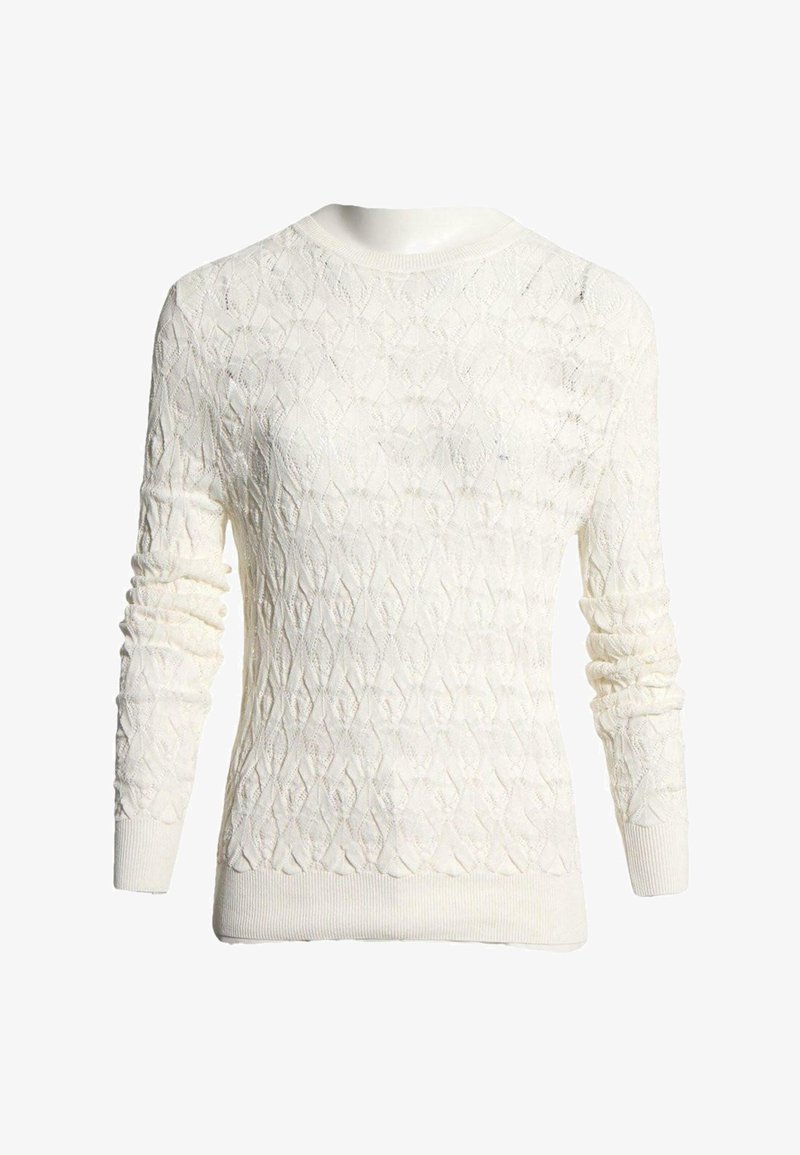 Pull blanc en maille à manches longues avec motif losange et feuilles, bords-côtes aux poignets et à l'ourlet.