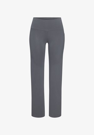 Graue Sporthose aus dehnbarem Stoff mit hohem Bund und seitlicher Tasche. Gerades Bein mit glatter Textur.