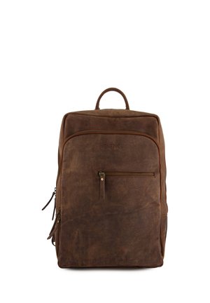Brauner Lederrucksack mit oberem Griff und vorderer Reißverschlusstasche, geprägt mit dem Markennamen Venezia.