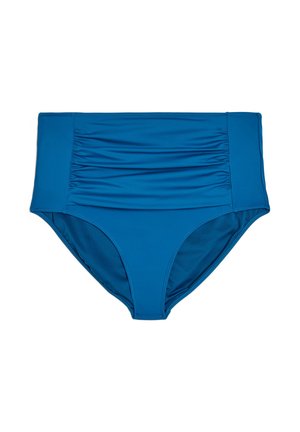 Sinine kõrge vöökohaga bikiinipõhi kortsulise kangaspaneeliga ees ja siledate külgedega, mõeldud ujumisriietuseks.
