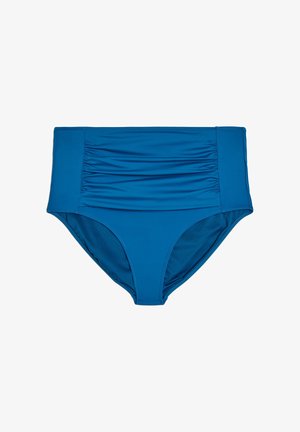 Blue high-waist bikini bottom with ruched fabric panel at front and smooth sides, designed for swimwear.