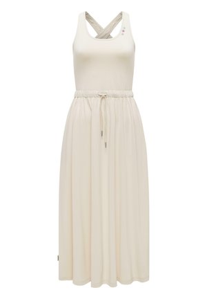 Beige ærmeløs kjole med krydsede stropper, elastisk talje med snor, og knapdetaljer nær halsudskæringen.