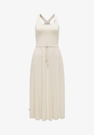 Beiges ärmelloses Kleid mit gekreuzten Trägern, elastischem Taillenbund mit Kordelzug und Knopfdetails in der Nähe des Ausschnitts.