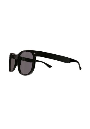 Black plastic sunglasses with thick rectangular frames and dark tinted lenses, shown from a side angle.