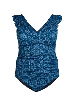 Blauw eendelig badpak met golvende, abstracte patronen, gerimpelde schouderbandjes, gerimpelde zijkanten en een V-hals.