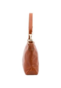 Borsa a tracolla in pelle marrone con una superficie liscia, dotata di una sola tracolla, accessori in oro e una base affusolata per una forma strutturata.