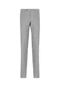 Pantaloni formali grigio chiaro con taglio dritto, chiusura a bottoni, passanti per cintura e piega frontale su sfondo bianco.