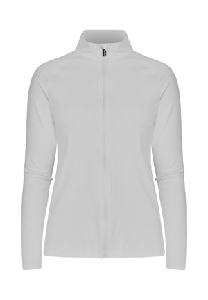 Lichtgrijze jas met ritssluiting, lange mouwen, gestructureerde stof en een opstaande kraag. Voorzien van een centrale rits en subtiele schoudernaden.