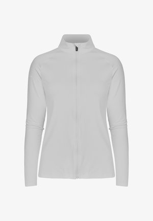 Lichtgrijze jas met ritssluiting, lange mouwen, gestructureerde stof en een opstaande kraag. Voorzien van een centrale rits en subtiele schoudernaden.