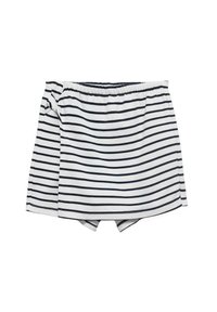 Pantaloni corti a righe bianchi e blu navy, con una vita elastica e un design a strati per maggiore comfort. Tessuto morbido con una texture liscia.