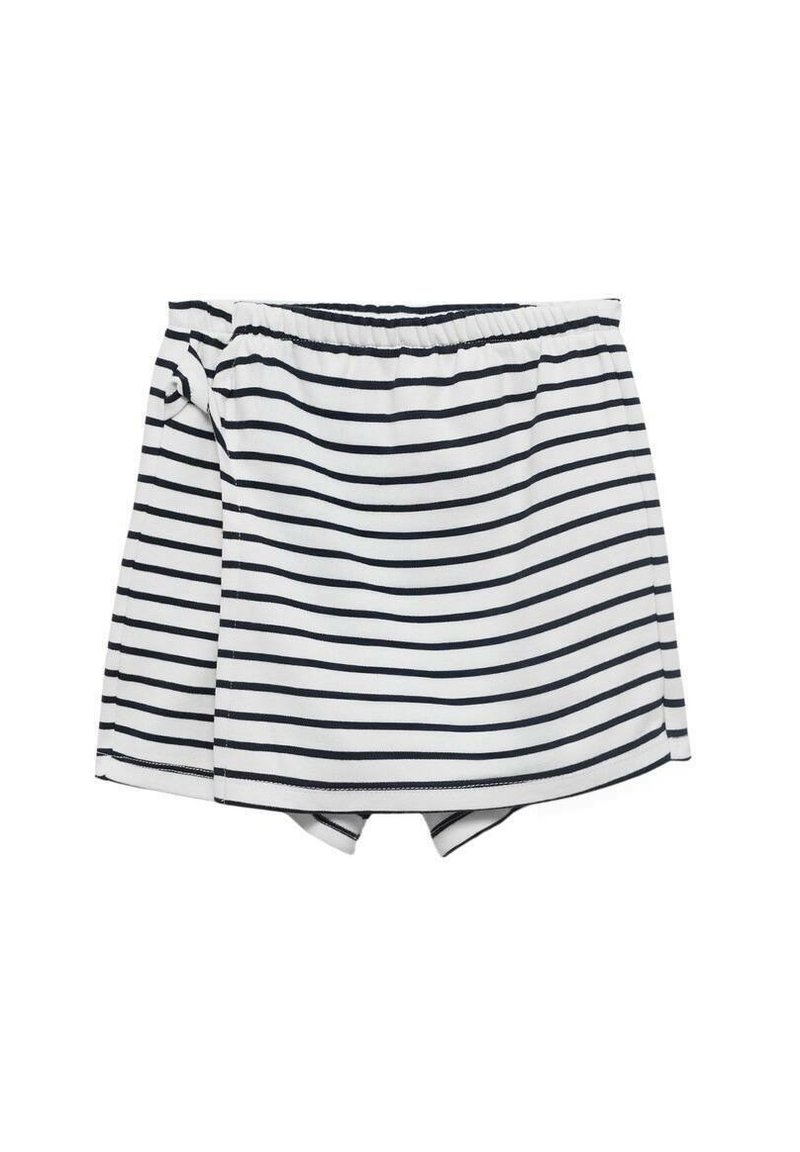 Pantaloni corti a righe bianchi e blu navy, con una vita elastica e un design a strati per maggiore comfort. Tessuto morbido con una texture liscia.