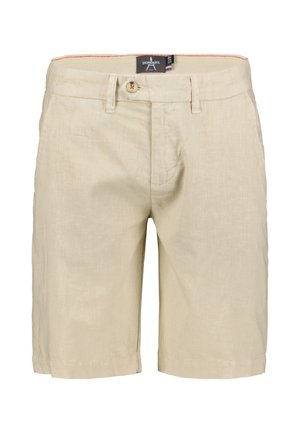 Beige knielange linnen short met voorste knoop, riemlussen en zijzakken, met een Donners-merkenlabel aan de binnenkant van de tailleband.