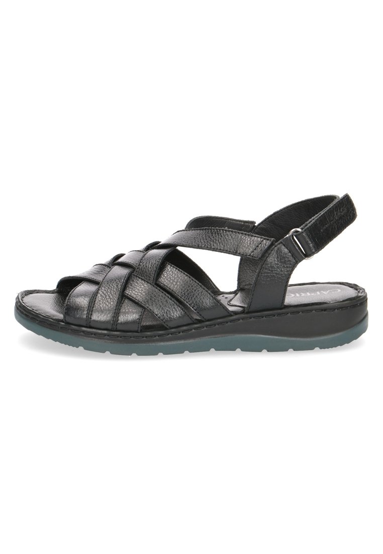 Black leather sandal with crisscross straps, open toe design, back strap, and textured insole. Features a cushioned sole for comfort.