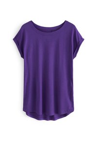 Lila Kurzarm-T-Shirt mit Rundhalsausschnitt, weichem Material und abgerundetem Saumdesign. Schlichte, klassische Stilisierung für die Freizeit.