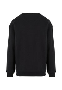 Sweat-shirt noir à manches longues avec col rond, poignets et taille côtelés, vu de dos sur fond blanc.