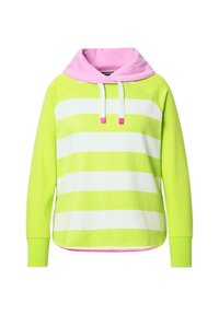 Hoodie a righe verdi e bianche con accenti rosa; presenta un cappuccio con cordini e polsini a coste; realizzato in un tessuto morbido e traspirante.