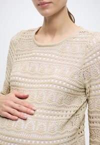 Μπεζ πλεκτό πουλόβερ με περίπλοκα δαντελωτά σχέδια, που διαθέτει ανοιχτές πλέξεις και στρογγυλή γραμμή στο λαιμό. Έχει μακριά μανίκια και απαλό υλικό.