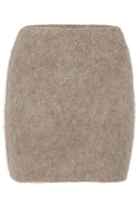 Beige ullblandingskjørt med en myk, lodden tekstur, som har en rett silhuett og en bred, myk midjebånd øverst.