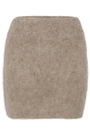 Beige wollen mix rok met een zachte, fuzzy textuur, met een rechte silhouet en een brede, zachte tailleband aan de bovenkant.