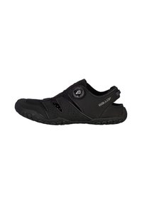 Black athletic shoe with breathable mesh and synthetic upper, adjustable dial closure, and textured rubber outsole for grip.