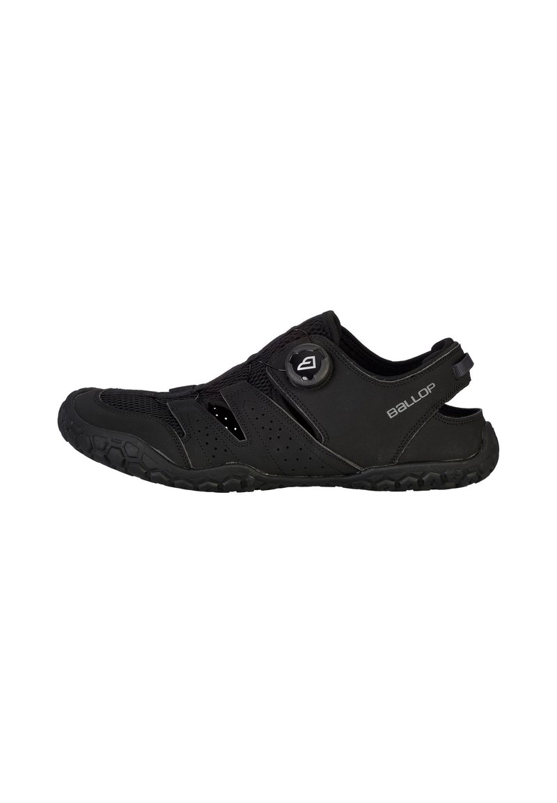 Black athletic shoe with breathable mesh and synthetic upper, adjustable dial closure, and textured rubber outsole for grip.
