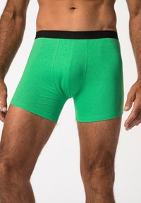 Boxer shorts di tessuto verde con una vita nera che presenta il marchio JP1880, caratterizzati da un design aderente e una superficie liscia.