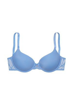 Light blue padded bra with smooth cups, intricate lace detailing on the sides, thin adjustable straps, and a decorative gem at the center.