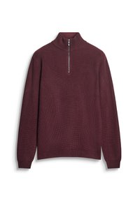 Maglione a maglia bordeaux con colletto alto, chiusura frontale con zip a metà, texture a coste e maniche lunghe. Presenta un orlo aderente nella parte inferiore.