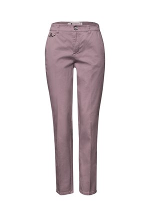 Pantalon droit mauve pour femme avec fermeture à bouton et fermeture éclair, passants pour ceinture et une petite poche à rabat boutonnée sur le côté droit.