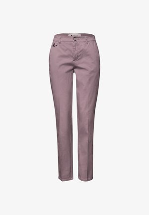 Pantalon droit mauve pour femme avec fermeture à bouton et fermeture éclair, passants pour ceinture et une petite poche à rabat boutonnée sur le côté droit.