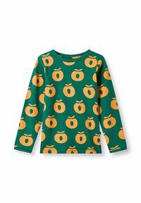 Grünes Langarmshirt aus Baumwolle mit einem sich wiederholenden Muster von orangefarbenen Apfelformen mit Blättern. Weicher Stoff, runder Halsausschnitt.