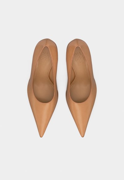 Paire de ballerines en cuir beige à bout pointu vues de dessus sur un fond gris clair.