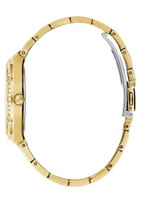Gold-tone metal wristwatch with a rectangular case, link bracelet, and crystal accents along the bezel. Display features a white dial.