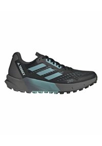 Scarpa sportiva nera con dettagli blu chiaro, dotata di tomaia in mesh, superficie testurizzata, suola resistente e il numero "280" sul lato.