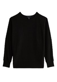 Czarny sweter z prążkowanej tkaniny z długimi rękawami, okrągłym dekoltem i teksturowanymi detalami na rękawach i dolnej krawędzi. Prosty, klasyczny design.