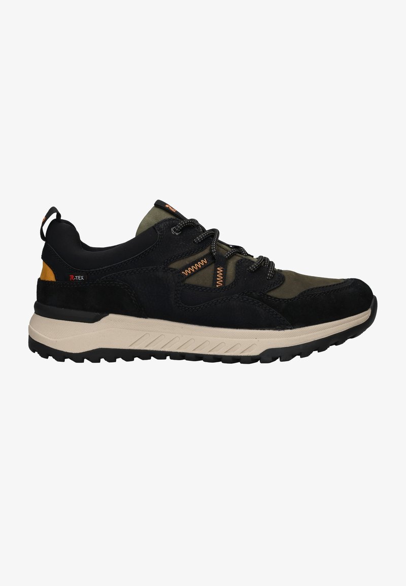 Black and olive green lightweight sneaker with rubber sole, suede and synthetic materials, accented with orange stitching and black laces.