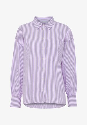 Violet ir baltos juostelės ilgarankovė marškinėliai su mygtukų priekyje ir viena krūtinės kišenė. Yra klasikinis apykaklė ir laisvas kirpimas.