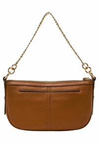 Sac bandoulière en cuir brun avec une fermeture éclair sur le dessus, une chaîne, et une poche à glissière sur le devant. Finition texturée avec des détails de couture visibles.