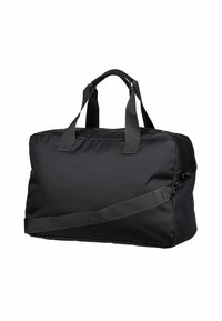 Svart duffelväska tillverkad av slitstarkt tyg, med två handtag och en justerbar axelrem; rektangulär form med texturerad yta.