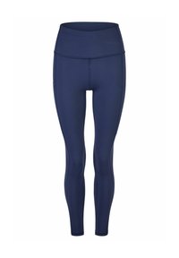 Marineblaue Sportleggings mit hohem Bund. Hergestellt aus dehnbarem Stoff, mit glatter Textur und enganpassedem Design ohne Muster.