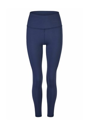 Marineblaue Sportleggings mit hohem Bund. Hergestellt aus dehnbarem Stoff, mit glatter Textur und enganpassedem Design ohne Muster.