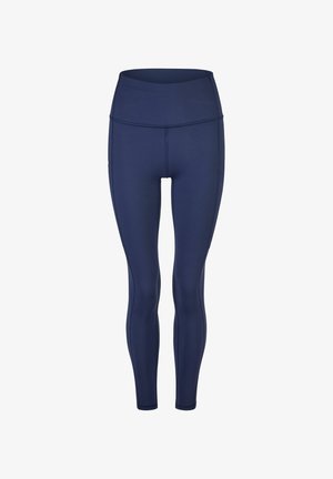 Marineblaue Sportleggings mit hohem Bund. Hergestellt aus dehnbarem Stoff, mit glatter Textur und enganpassedem Design ohne Muster.
