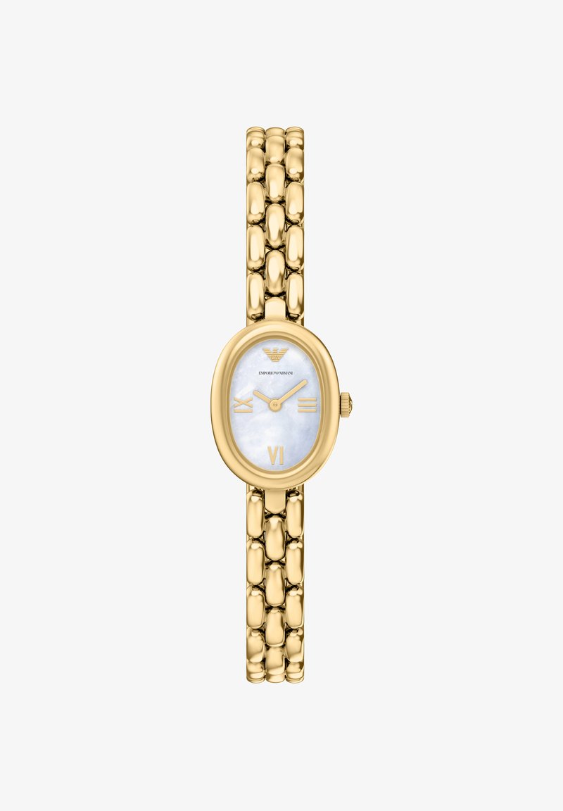 Gold-tone linked bracelet watch with oval white dial, gold Roman numerals, two hands, and Emporio Armani logo at 12 o'clock.