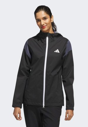 Black lightweight jacket with a white front zipper, gray accents on shoulders, and a hood. Features a logo on the upper left side.